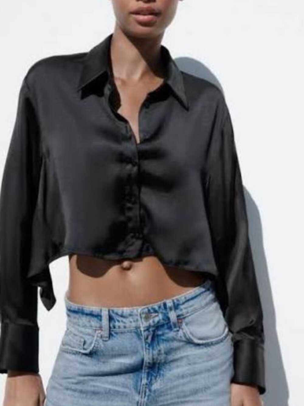 ZARA Black Satin Button-Down Crop Top